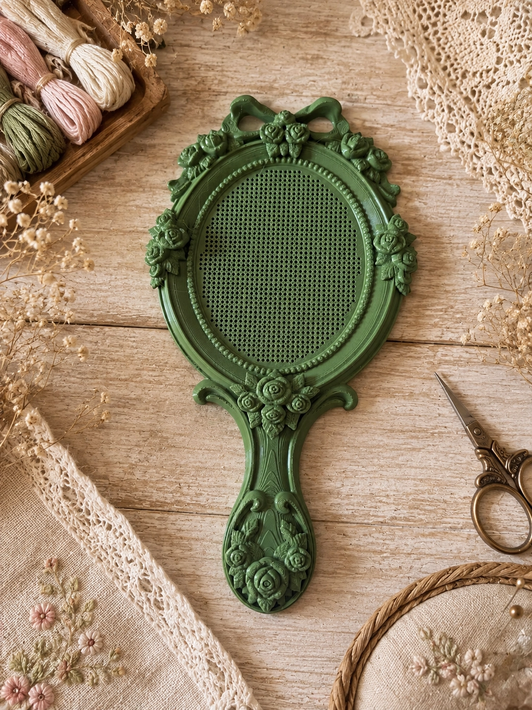 VINTAGE EL AYNASI MODEL KANAVİÇE TABANI - HAKİ