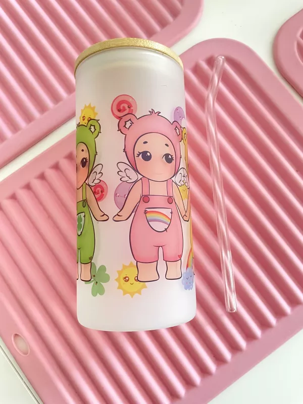 SONY ANGEL BASKILI PİPETLİ BAMBU KAPAK CAM BARDAK