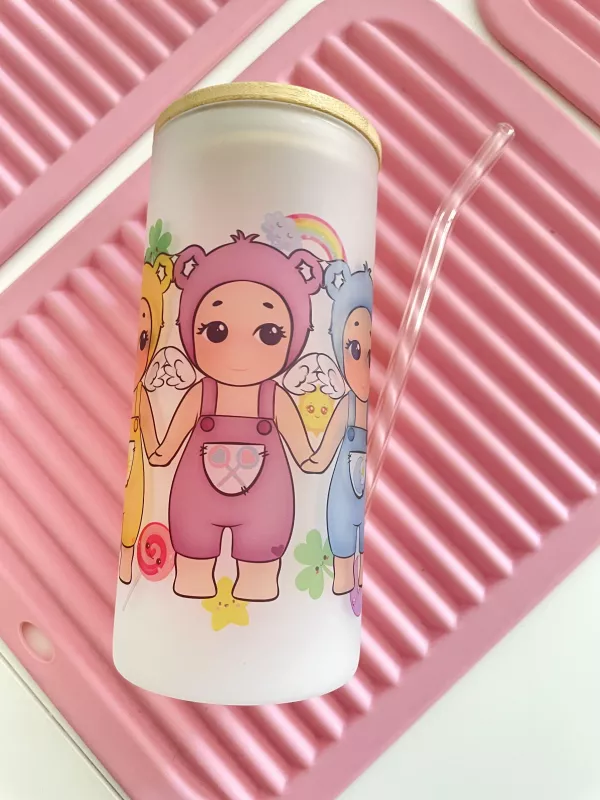 SONY ANGEL BASKILI PİPETLİ BAMBU KAPAK CAM BARDAK