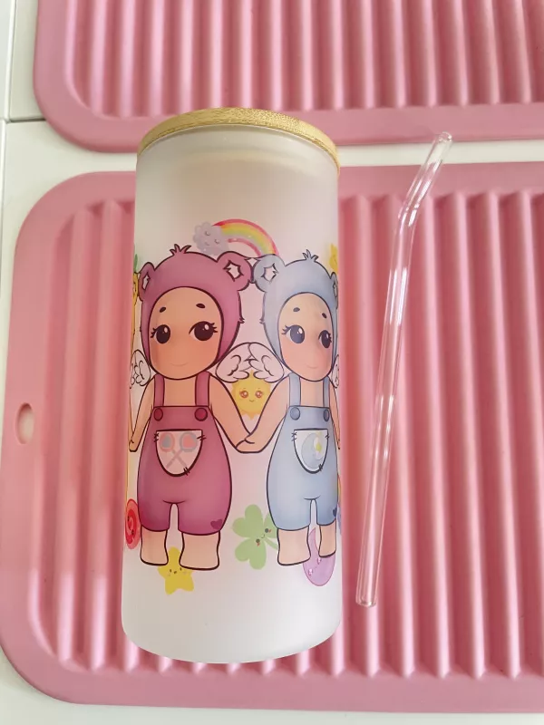 SONY ANGEL BASKILI PİPETLİ BAMBU KAPAK CAM BARDAK