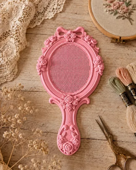 VINTAGE EL AYNASI MODEL KANAVİÇE TABANI - PEMBE