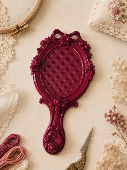 VINTAGE EL AYNASI MODEL KANAVİÇE TABANI - BORDO